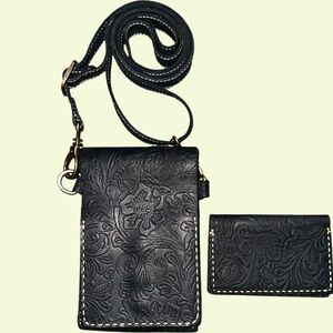 HAND-TOOLED LEATHER PHONE WALLET SET